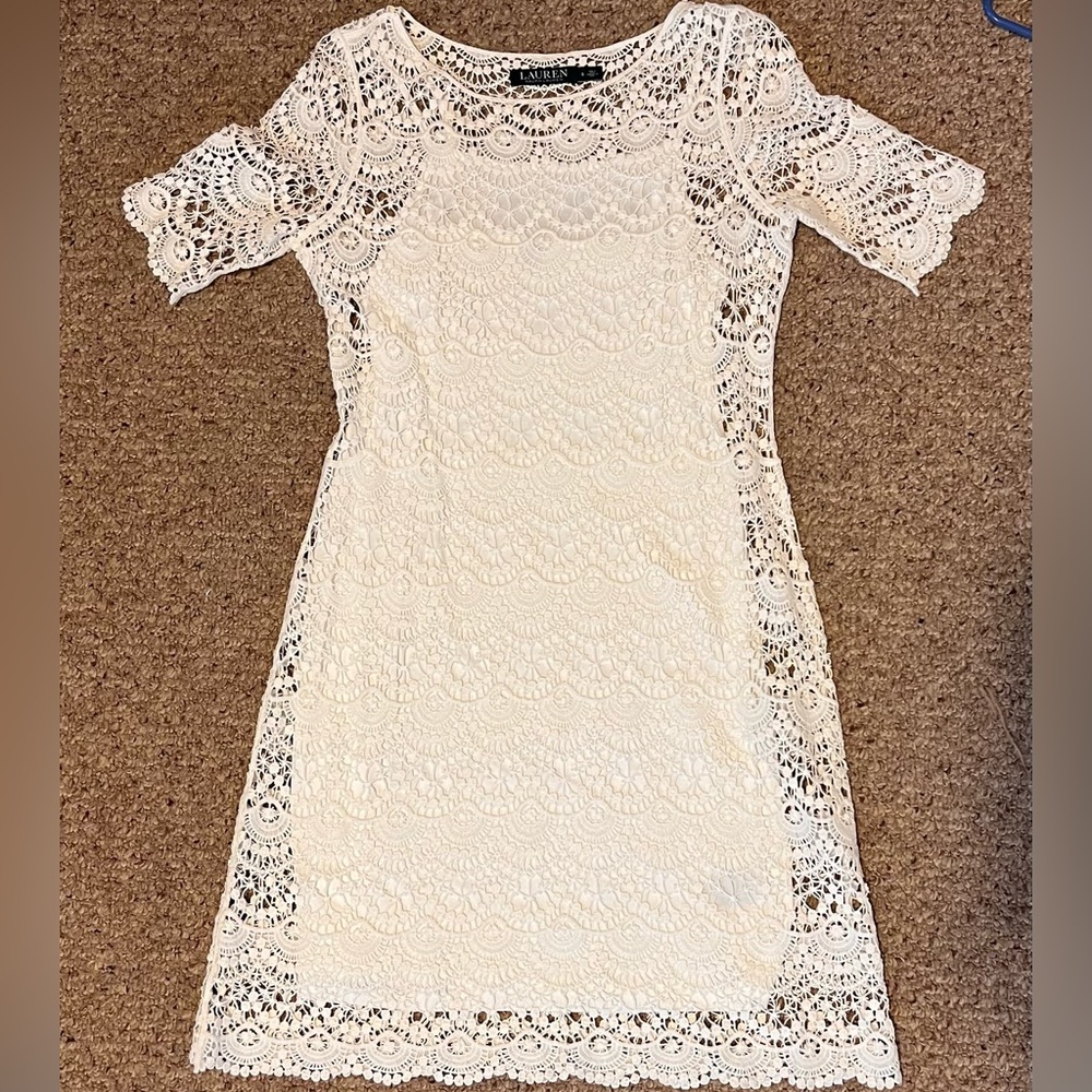 Lauren by Ralph Lauren Ivory Cotton Lace Chic Dress Small